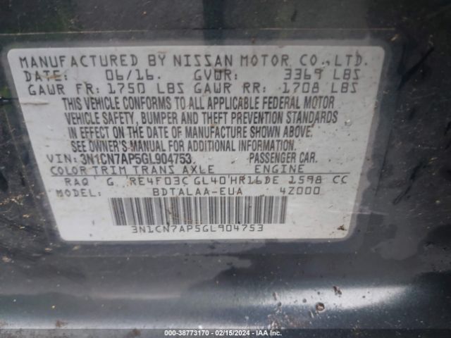 3N1CN7AP5GL904753 Nissan Versa 1.6 S
