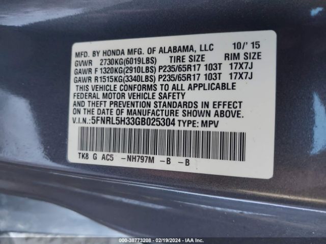 5FNRL5H33GB025304 Honda ODYSSEY SE