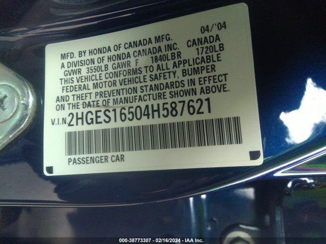 2004 HONDA CIVIC LX VIN: 2HGES16504H587621