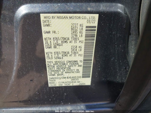Nissan Frontier S 4x2 2022 1N6ED1EJ5NN664030 Image 9