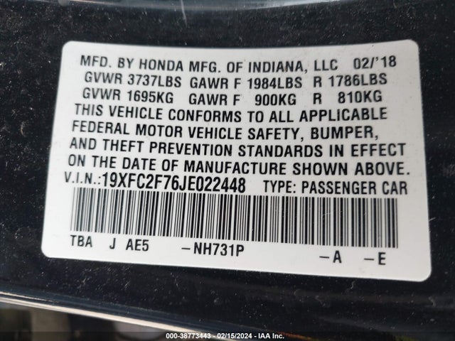 Honda CIVIC EX 2018 19XFC2F76JE022448 Image 9