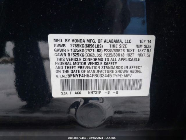 5FNYF4H64FB032445 Honda Pilot Ex-l