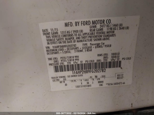 Ford TAURUS SEL 2015 1FAHP2H89FG202782 Image 9