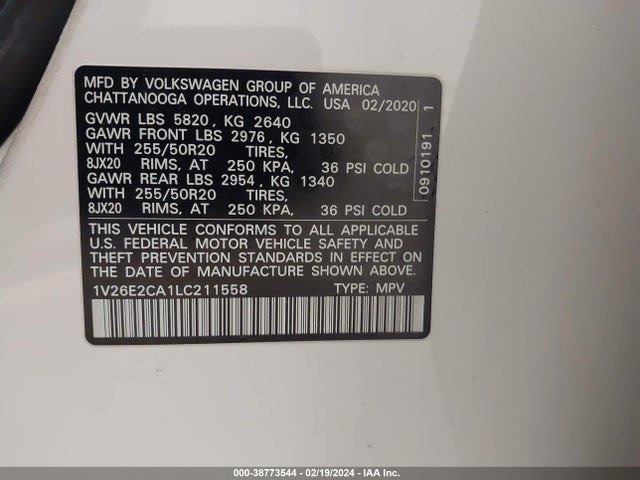 1V26E2CA1LC211558 Volkswagen Atlas Cross Sport 3.6l V6 Se W/technology/3.6l V6 Se W/technology R-line