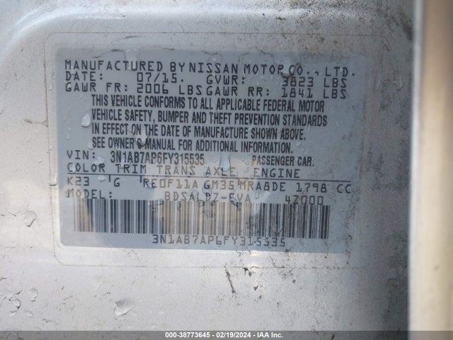 Nissan SENTRA SV 2015 3N1AB7AP6FY315535 Image 9