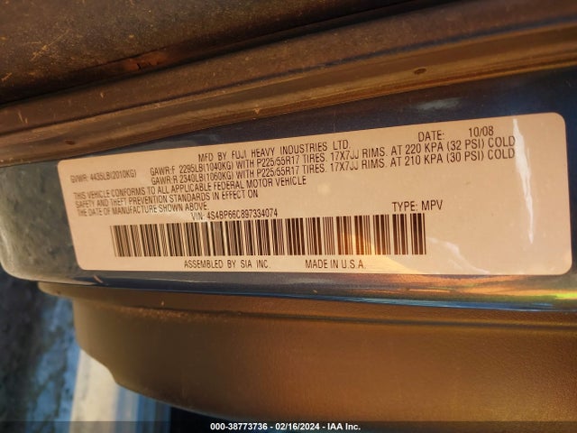 2009 SUBARU OUTBACK 2.5I LIMITED VIN: 4S4BP66C897334074