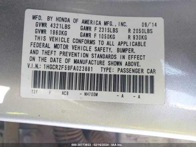 2015 HONDA ACCORD SPORT VIN: 1HGCR2F59FA023881