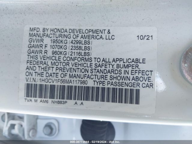 1HGCV1F56MA117980 Honda Accord Ex-l