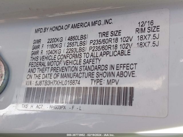 5J8TB3H7XHL016874 Acura Rdx Advance Package