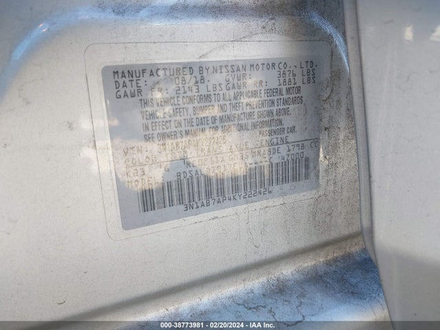 Nissan SENTRA SV 2019 3N1AB7AP4KY222426 Image 9