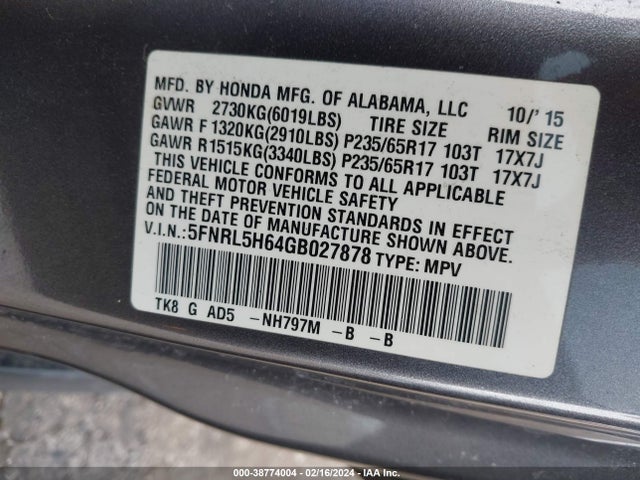 Honda Odyssey Ex-l 2016 5FNRL5H64GB027878 Image 9