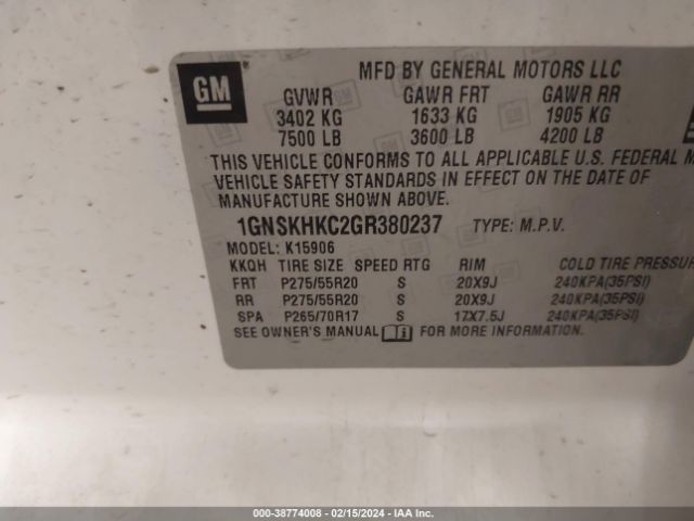1GNSKHKC2GR380237 Chevrolet Suburban Lt