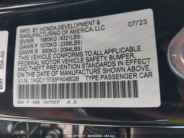Honda ACCORD EX 2023 1HGCY1F33PA048028 Image 9