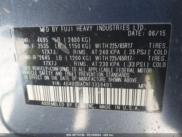 Subaru Outback 2.5i 2015 4S4BSBACXF3359401 Image 9