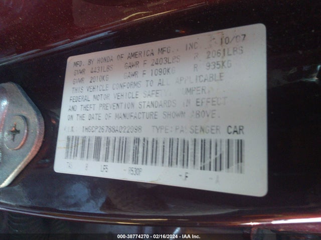 Продаж на аукціоні авто 2008 Honda Accord 2.4 Ex, vin: 1HGCP26788A022098, номер лоту: 38774270
