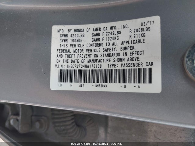 Honda ACCORD LX 2017 1HGCR2F34HA178100 Image 9