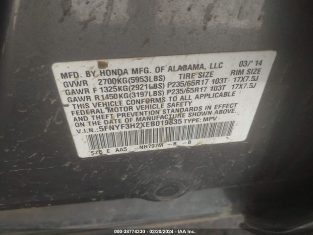 5FNYF3H2XEB019835 Honda PILOT LX