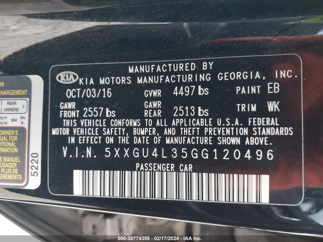 KIA OPTIMA EX 2016 5XXGU4L35GG120496 Image 9