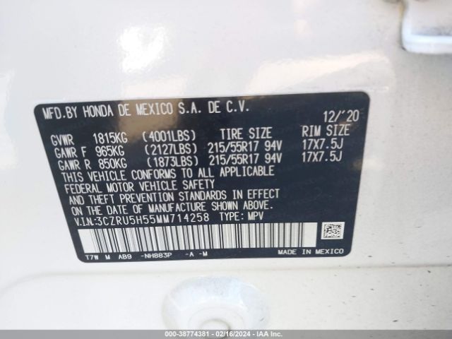 3CZRU5H55MM714258 Honda Hr-v 2wd Ex
