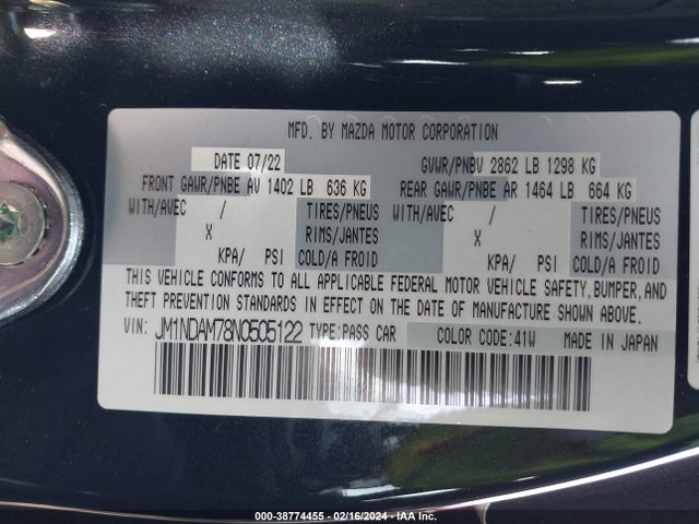 JM1NDAM78N0505122 Mazda Mx-5 Miata Rf Grand Touring