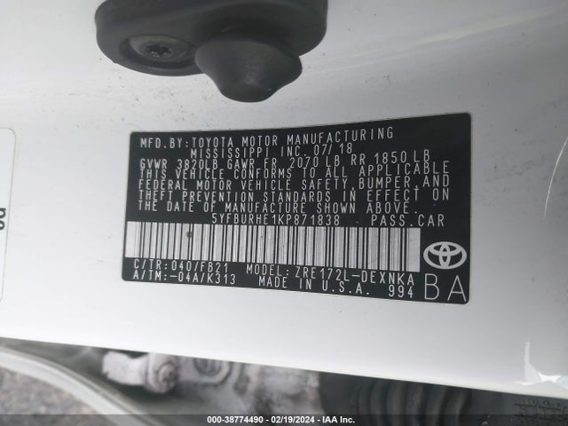Toyota COROLLA LE 2019 5YFBURHE1KP871838 Image 9