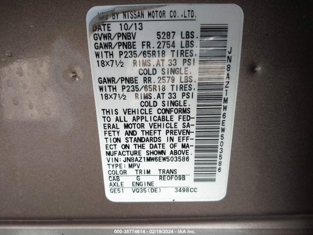 Nissan MURANO SV 2014 JN8AZ1MW6EW503586 Image 9