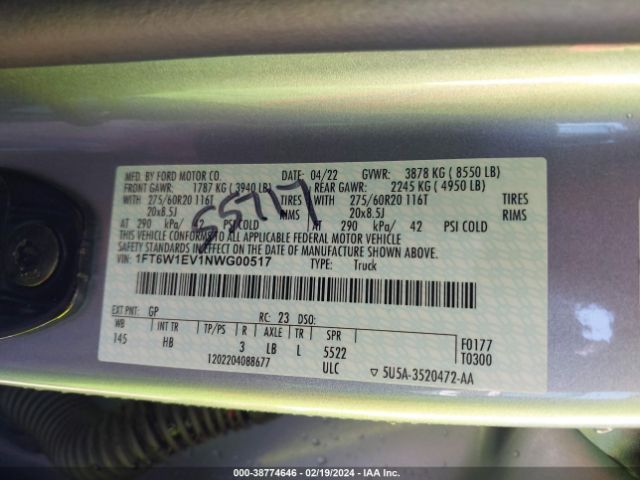 1FT6W1EV1NWG00517 Ford F-150 Lightning Lariat