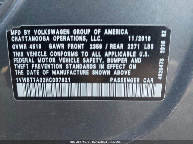 Volkswagen Passat 1.8t Se 2017 1VWBT7A32HC037821 Image 9