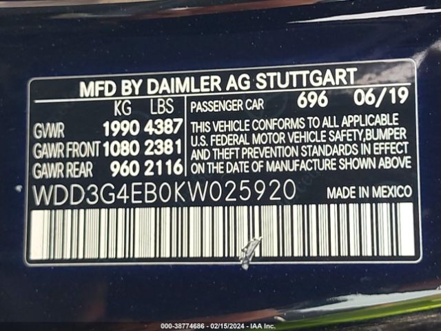 WDD3G4EB0KW025920 Mercedes-Benz A 220