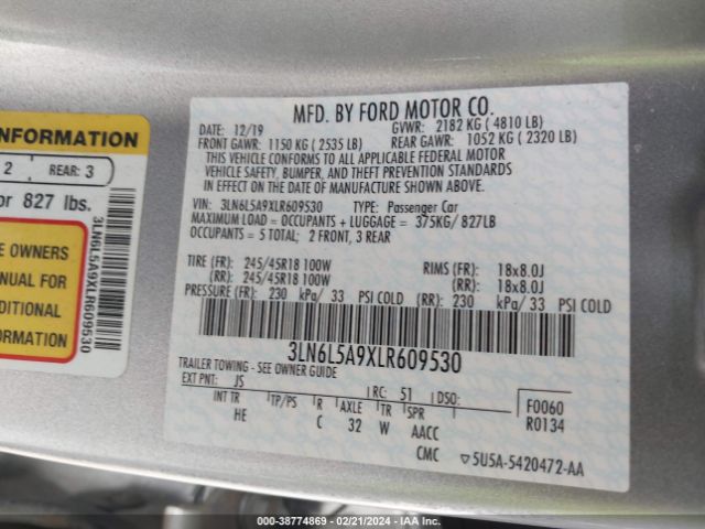 3LN6L5A9XLR609530 Lincoln Mkz Standard