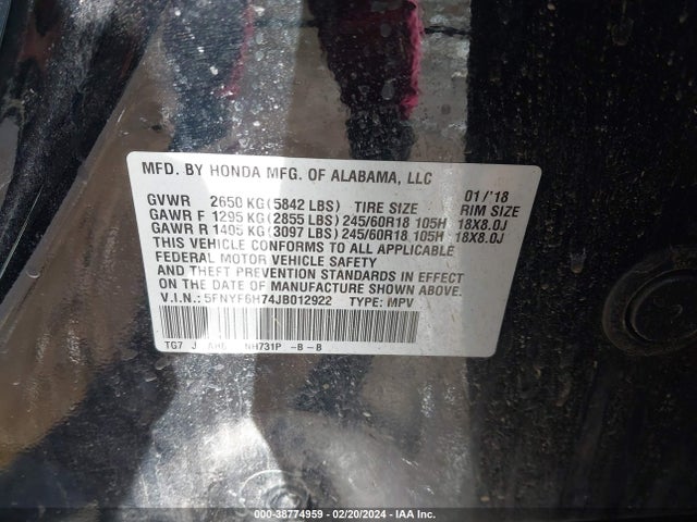 Honda Pilot Ex-l 2018 5FNYF6H74JB012922 Image 9