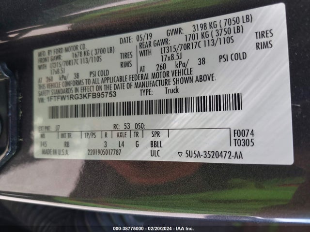Ford F150 Raptor 2019 1FTFW1RG3KFB95753 Image 9