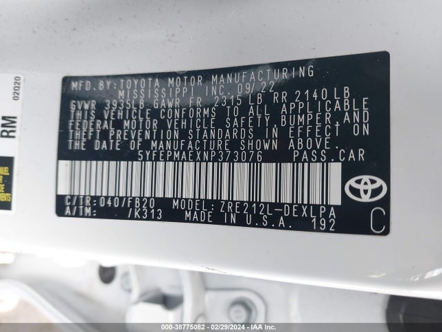Toyota COROLLA LE 2022 5YFEPMAEXNP373076 Image 9