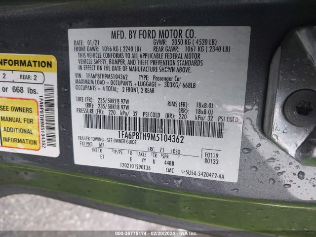 Ford Mustang Ecoboost Premium Fastback 2021 1FA6P8TH9M5104362 Image 9