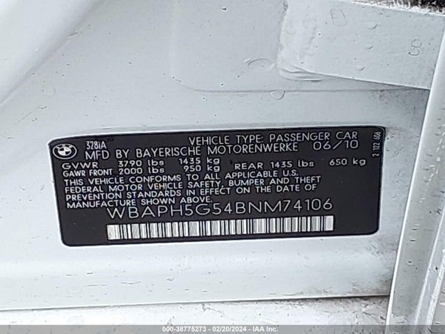 2011 BMW 328I VIN: WBAPH5G54BNM74106