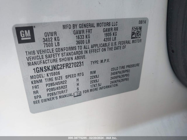 Chevrolet Suburban 1500 Lt 2015 1GNSKJKC2FR270231 Image 9