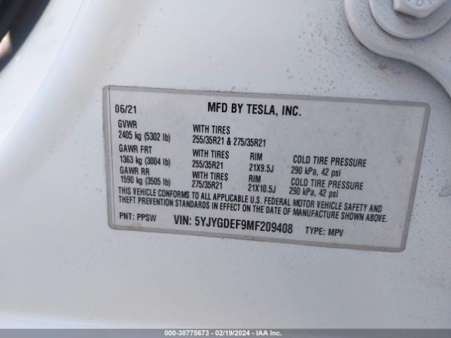 2021 TESLA MODEL Y 5YJYGDEF9MF209408 Photo 8