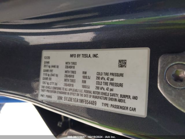 5YJ3E1EA1MF854489 Tesla Model 3 Standard Range Plus Rear-wheel Drive