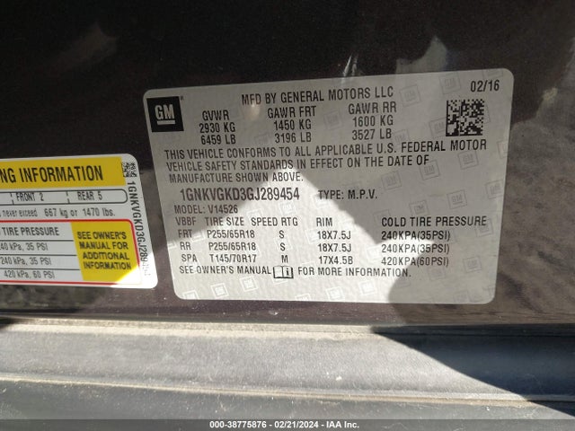 Chevrolet Traverse 1lt 2016 1GNKVGKD3GJ289454 Image 9
