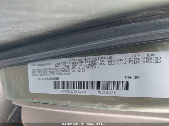 2005 SUBARU OUTBACK 3.0R L.L. BEAN EDITION VIN: 4S4BP86C654392868