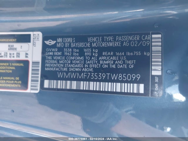 2009 MINI COOPER S WMWMF73539TW85099 Photo 8