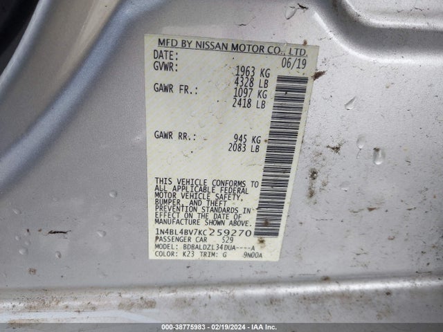 Nissan Altima 2.5 S 2019 1N4BL4BV7KC259270 Image 9