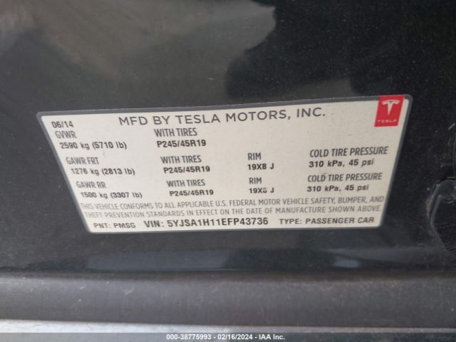 5YJSA1H11EFP43736 Tesla Model S P85