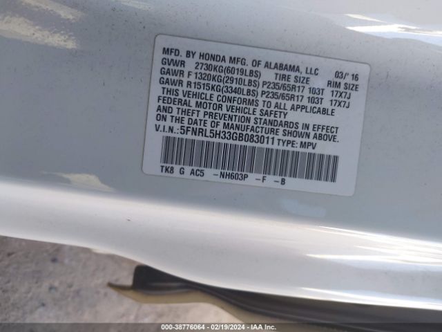 5FNRL5H33GB083011 Honda ODYSSEY SE