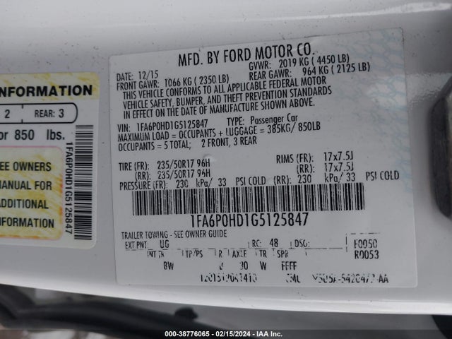 Ford FUSION SE 2016 1FA6P0HD1G5125847 Image 9