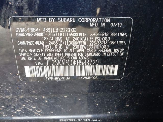 JF2SKAPC0KH583720 Subaru Forester Sport