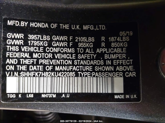 Honda Civic Ex-l 2019 SHHFK7H82KU422085 Image 9