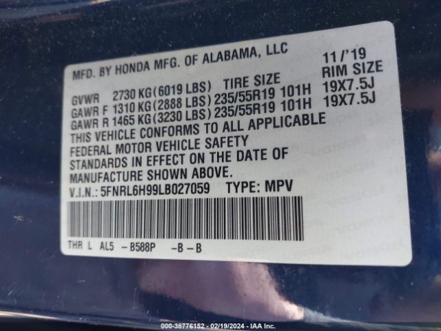 5FNRL6H99LB027059 Honda Odyssey Elite