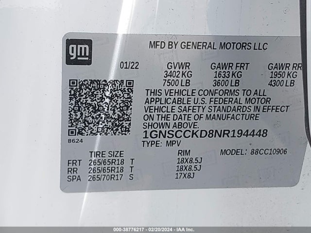 Chevrolet Suburban 2wd Lt 2022 1GNSCCKD8NR194448 Image 9