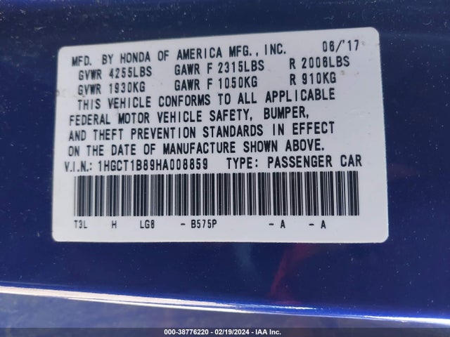 Honda Accord Ex-l 2017 1HGCT1B89HA008859 Image 9